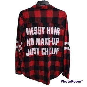 Rue21 Red Buffalo Plaid Button Down Graphic Top